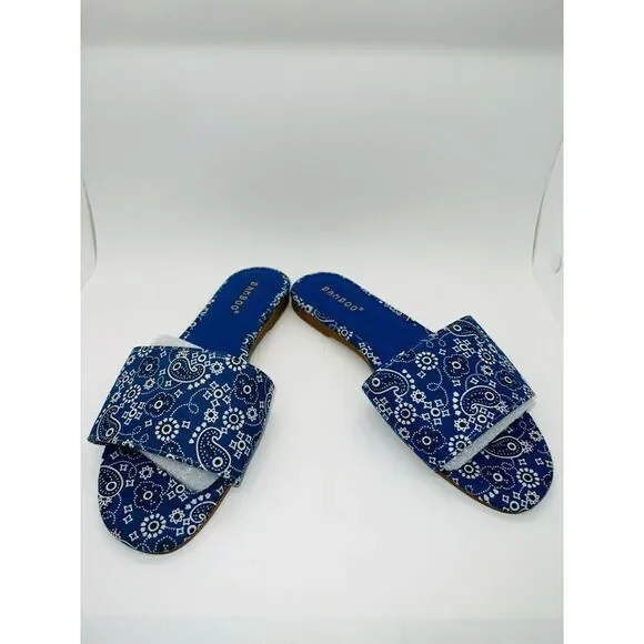 Bamboo Zest-16 Women's Blue Bandana Print Flat Sandals Size 7 New - Picture 2 of 8